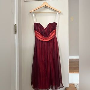 Prom, cocktail, formal strapless dress. Layered, sheer and satin fabrics.
